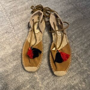 Soludos Tan Espadrilles with Red and Navy Tassels